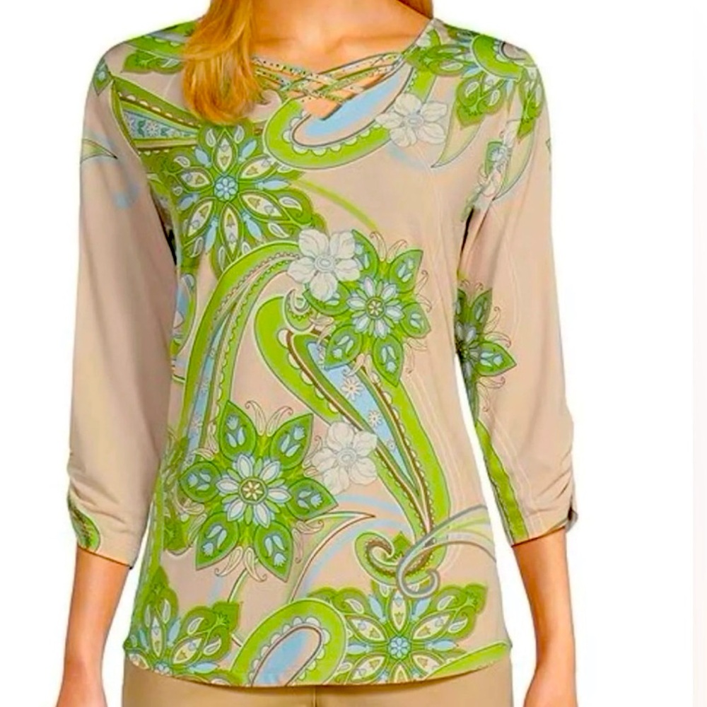 Allison Daley Paisley Rhinestone Lattice V-Neck Ruched Sleeve Blouse Like New 2x